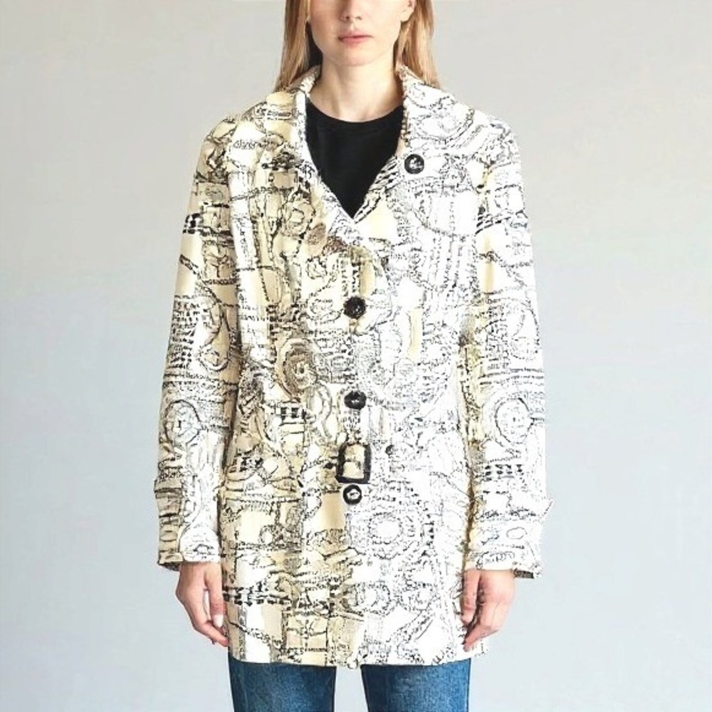 RESET Womens Cotton Map Print Coat Jacket Cream Black Button Front Art Wear